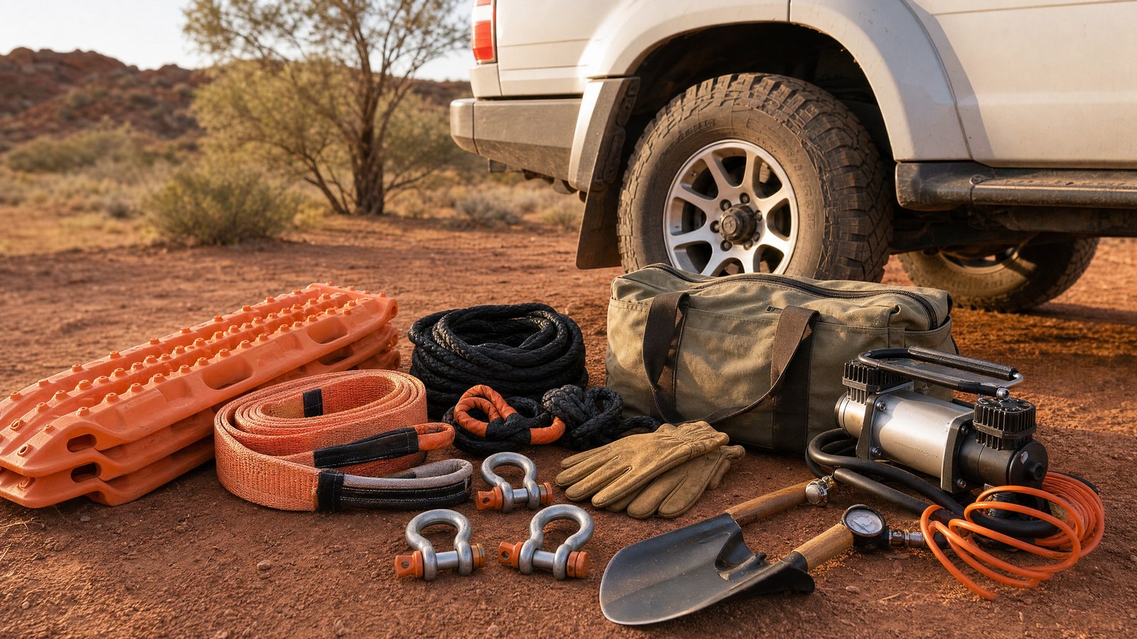 4x4 recovery gear laid out on red dirt beside an off-road vehicle tyre