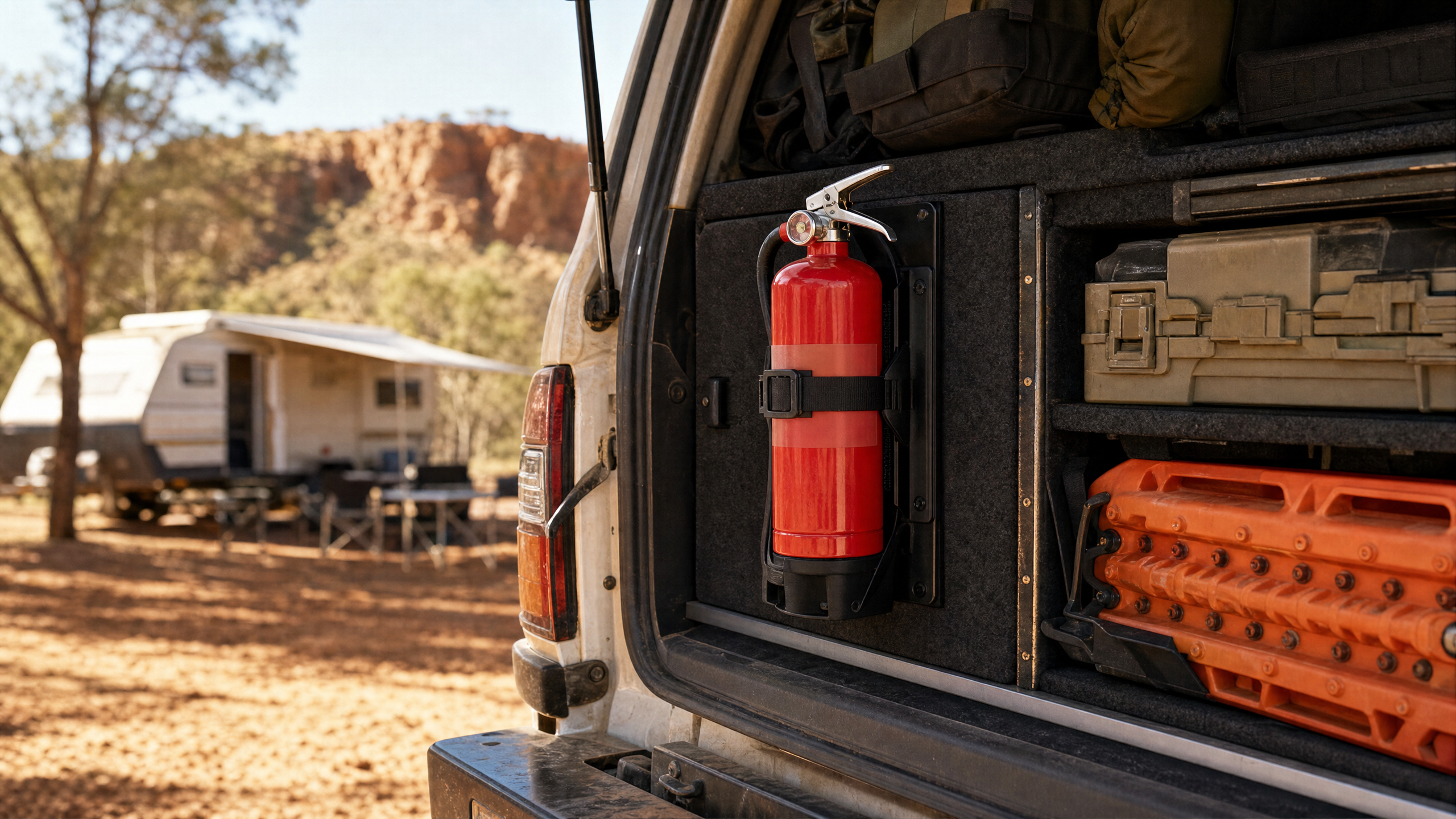 A compact red fire extinguisher mounted inside a 4x4 touring vehicle near a caravan campsite.