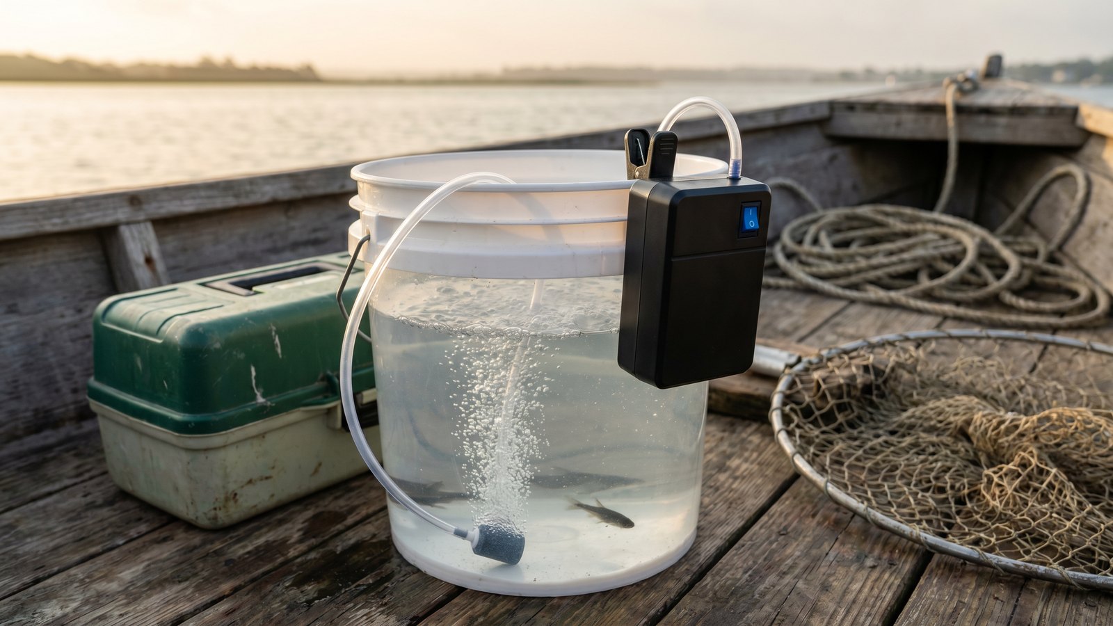 Portable bait aerator bubbling water inside a live bait bucket on a fishing boat deck