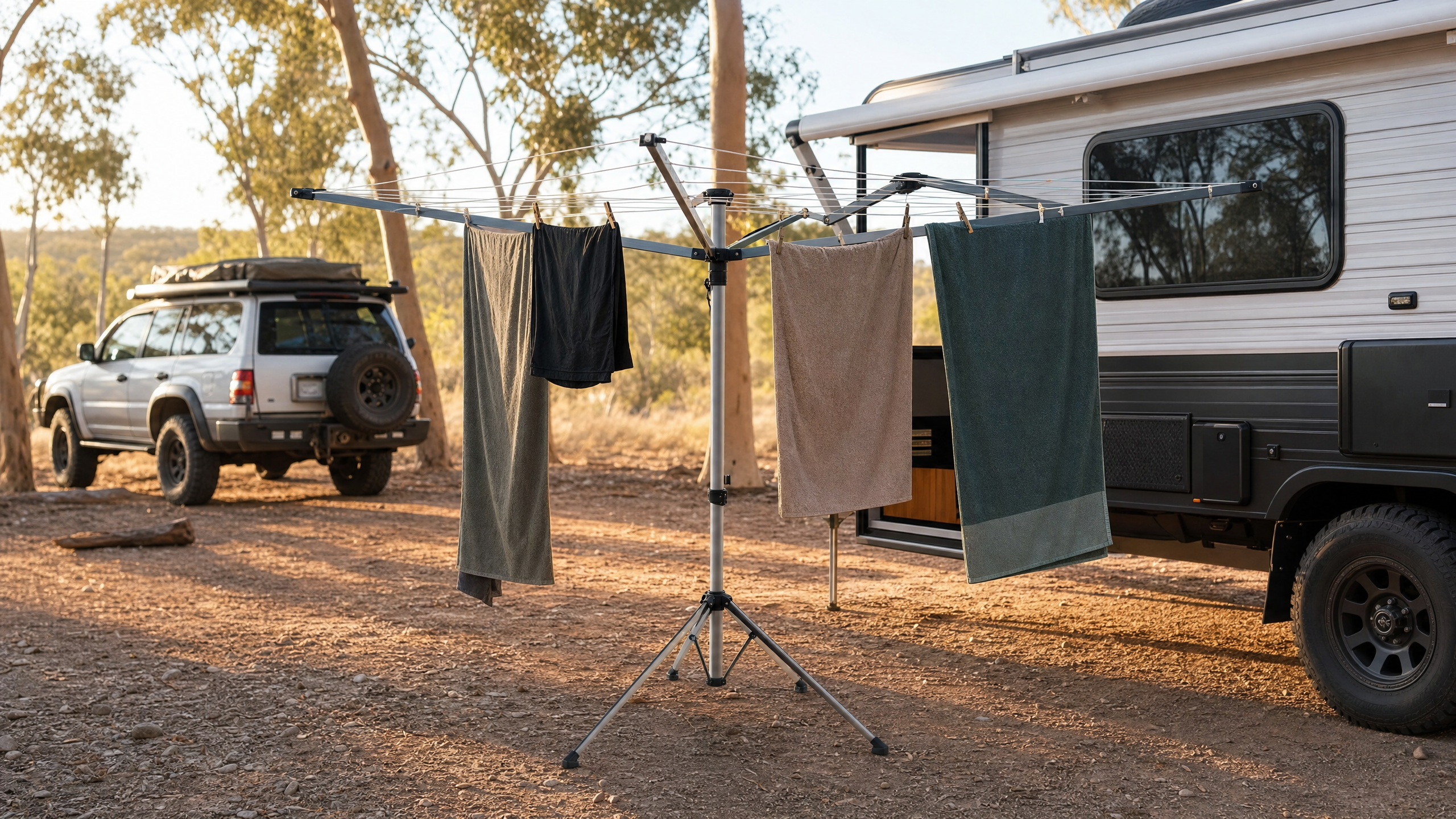 A portable camping clothesline with towels set up beside a caravan at an Australian campsite.