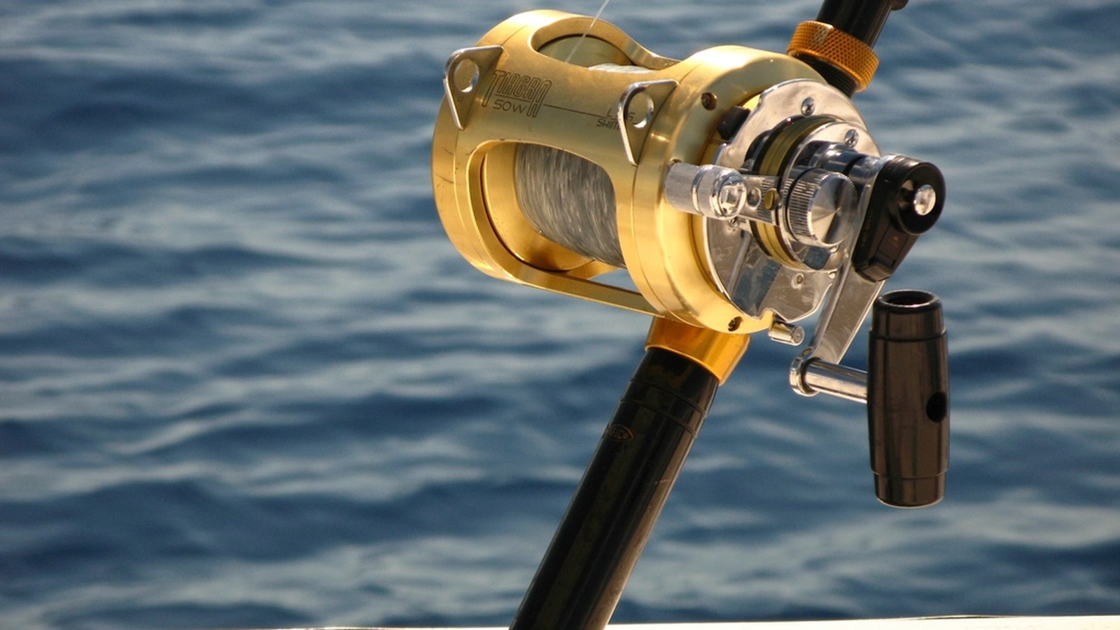 A pair of high-quality fishing pliers resting on a wooden dock next to a tackle box and fishing line.