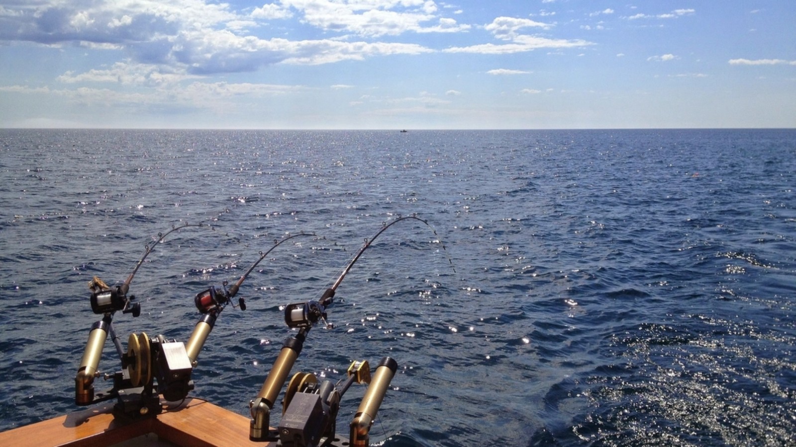 A portable battery-operated bait aerator bubbling water inside a live bait bucket on a fishing boat deck.
