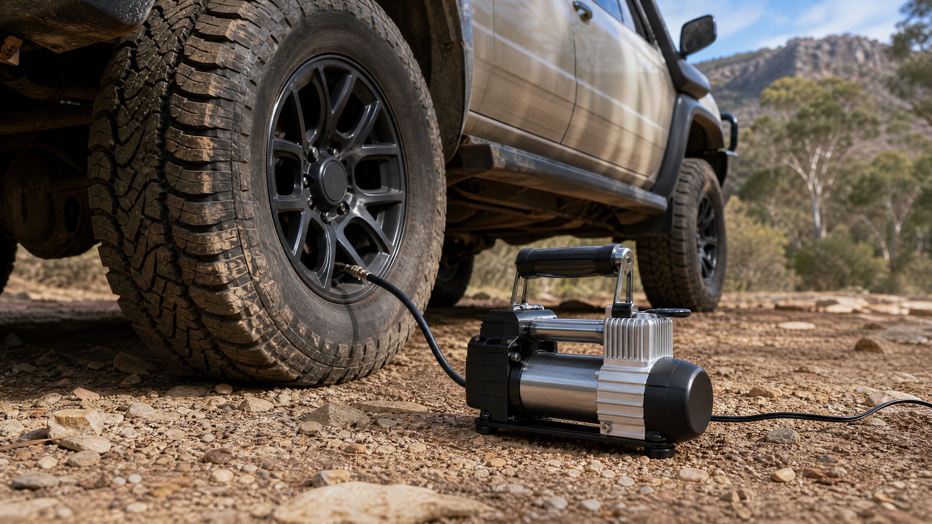 Portable 12V air compressor inflating a 4WD tyre at camp
