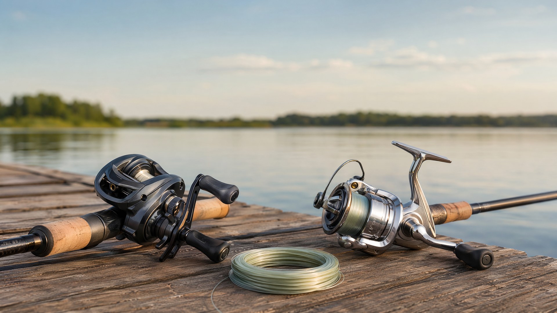 Baitcaster and spinning reel side by side on a dock