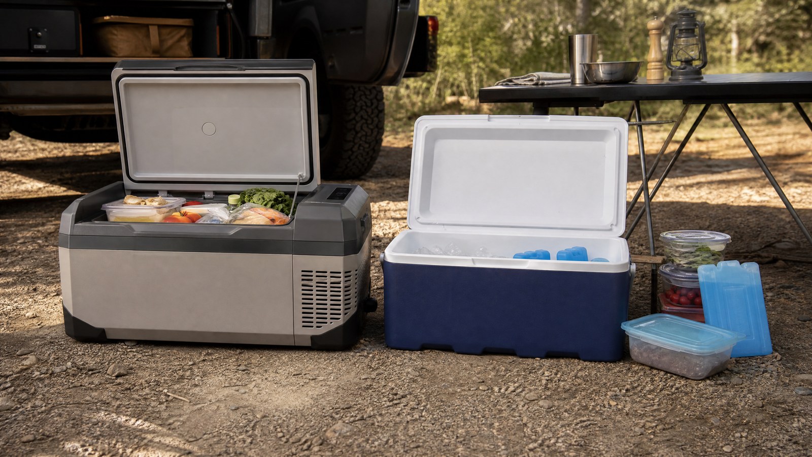 Portable fridge and cooler side by side at camp