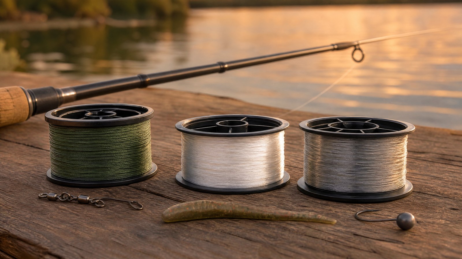 Three fishing line spools showing braided mono and fluorocarbon line