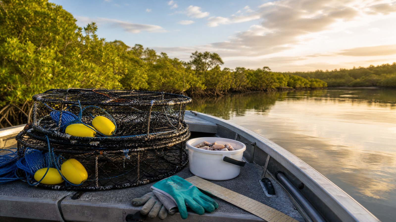 Crab pots,floats,rope and gloves arranged on a small boat beside a mangrove estuary.