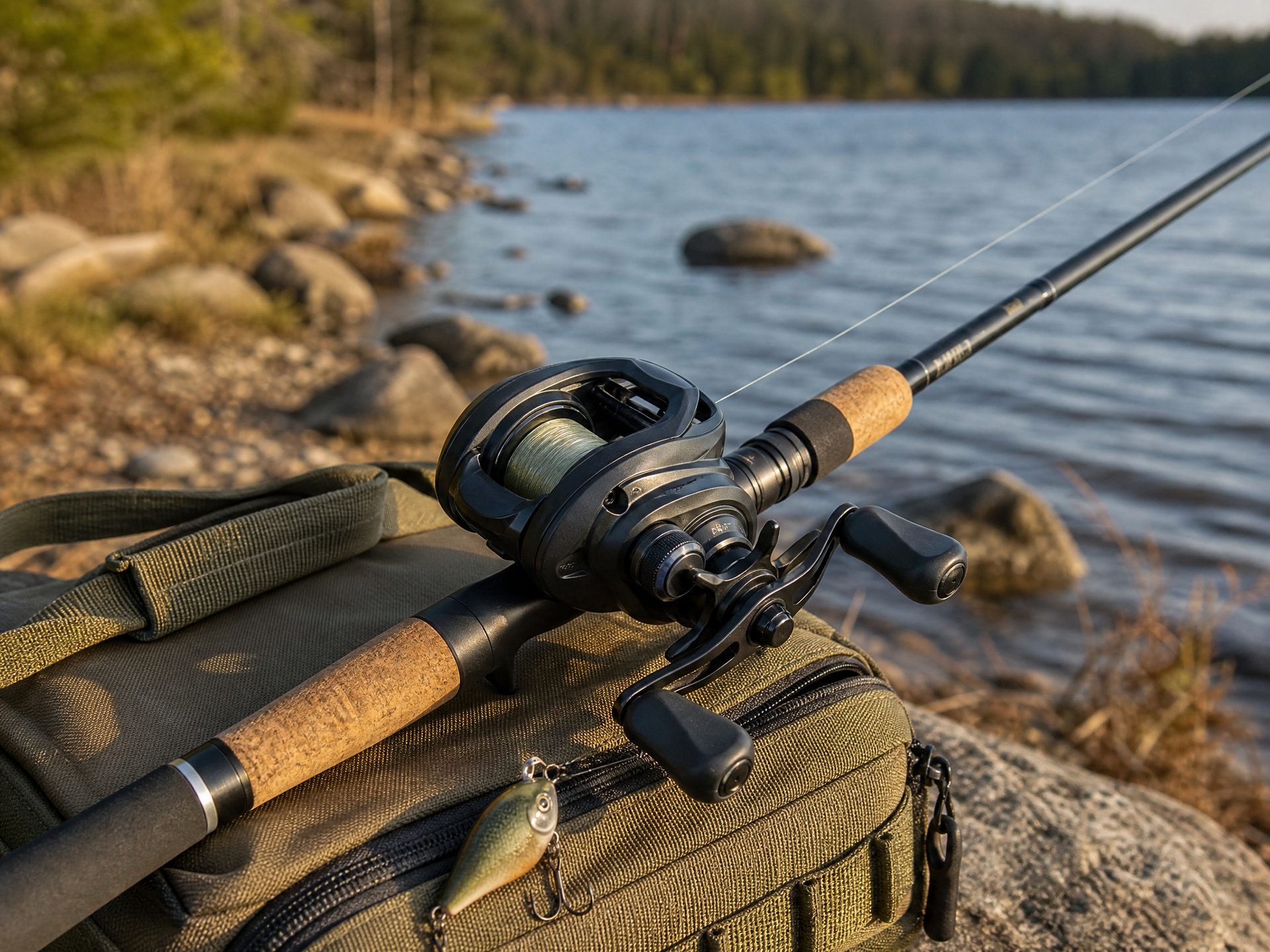 Baitcaster rod and reel combo resting on a tackle bag beside a lake