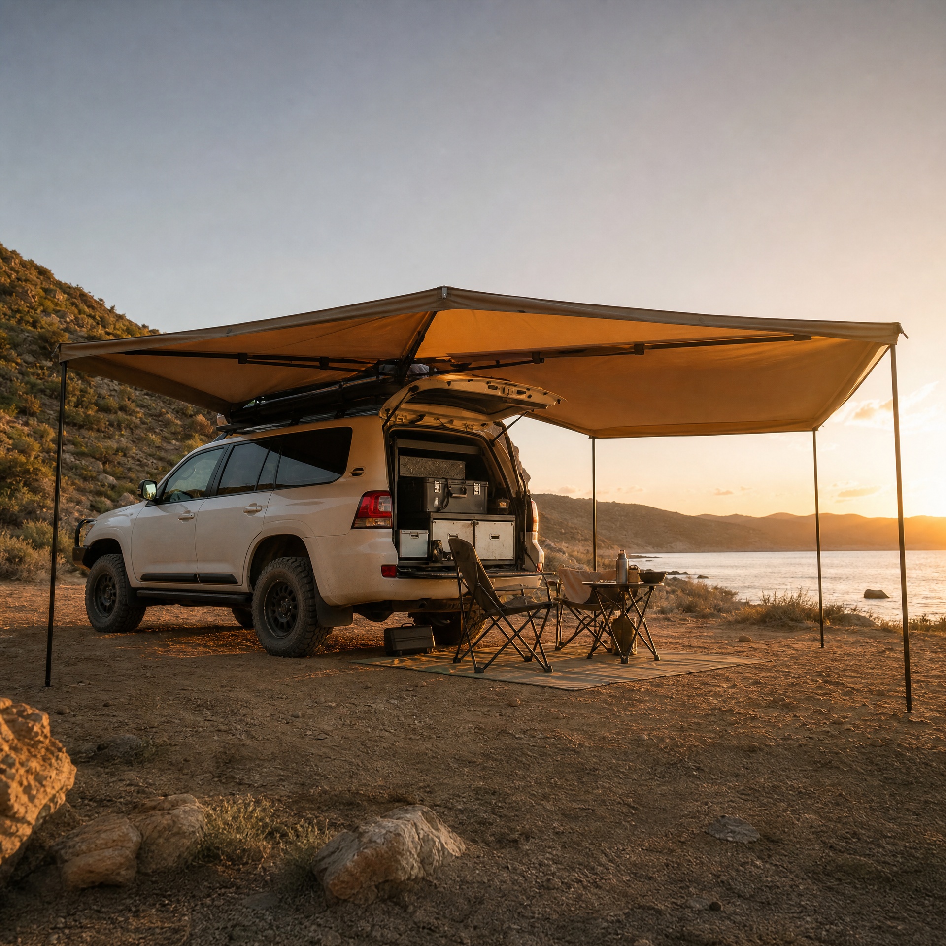 270-degree awning deployed from a 4x4 touring vehicle at a remote campsite