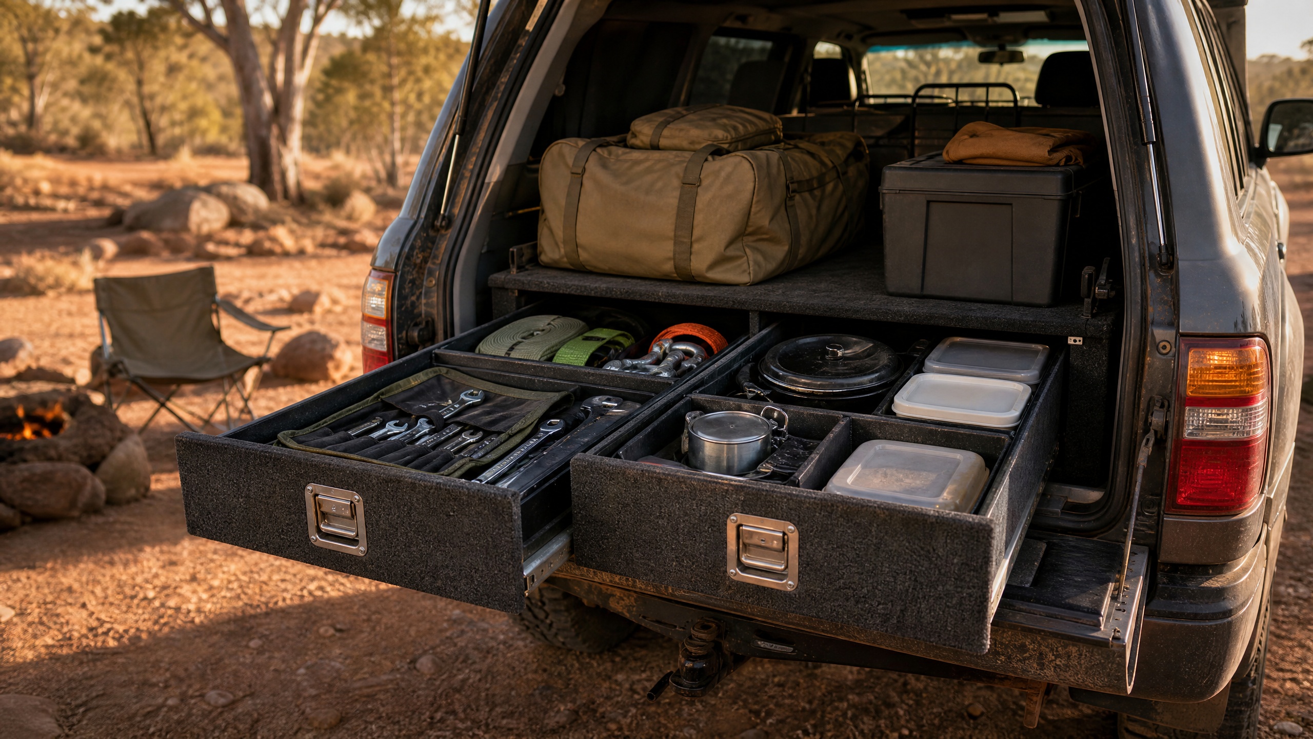 Open rear cargo area of a touring 4WD with organised pull-out drawer systems,tools and camping gear