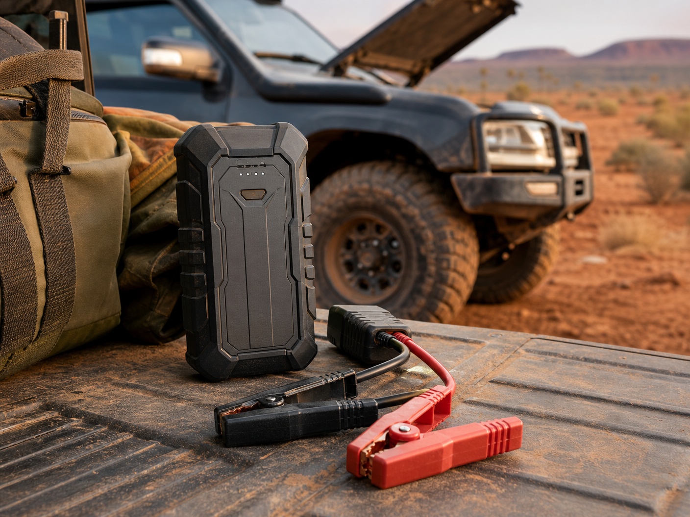 Rugged portable 4WD jump starter pack with jumper clamps on a dusty tailgate beside a touring vehicle