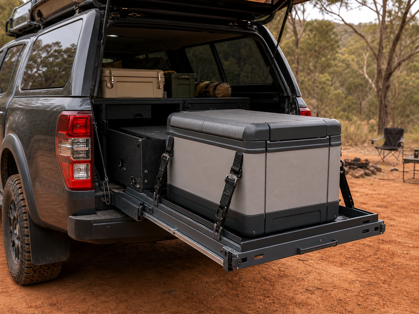 4x4 fridge slide extended from a touring vehicle at a bush campsite