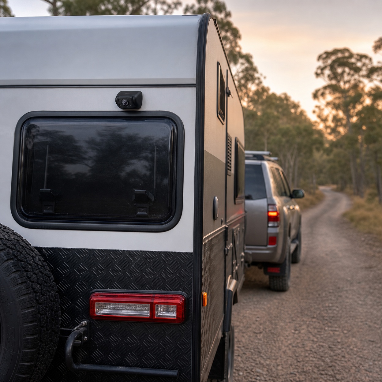 Caravan reversing camera mounted above a rear window with a 4x4 tow vehicle on a bush track