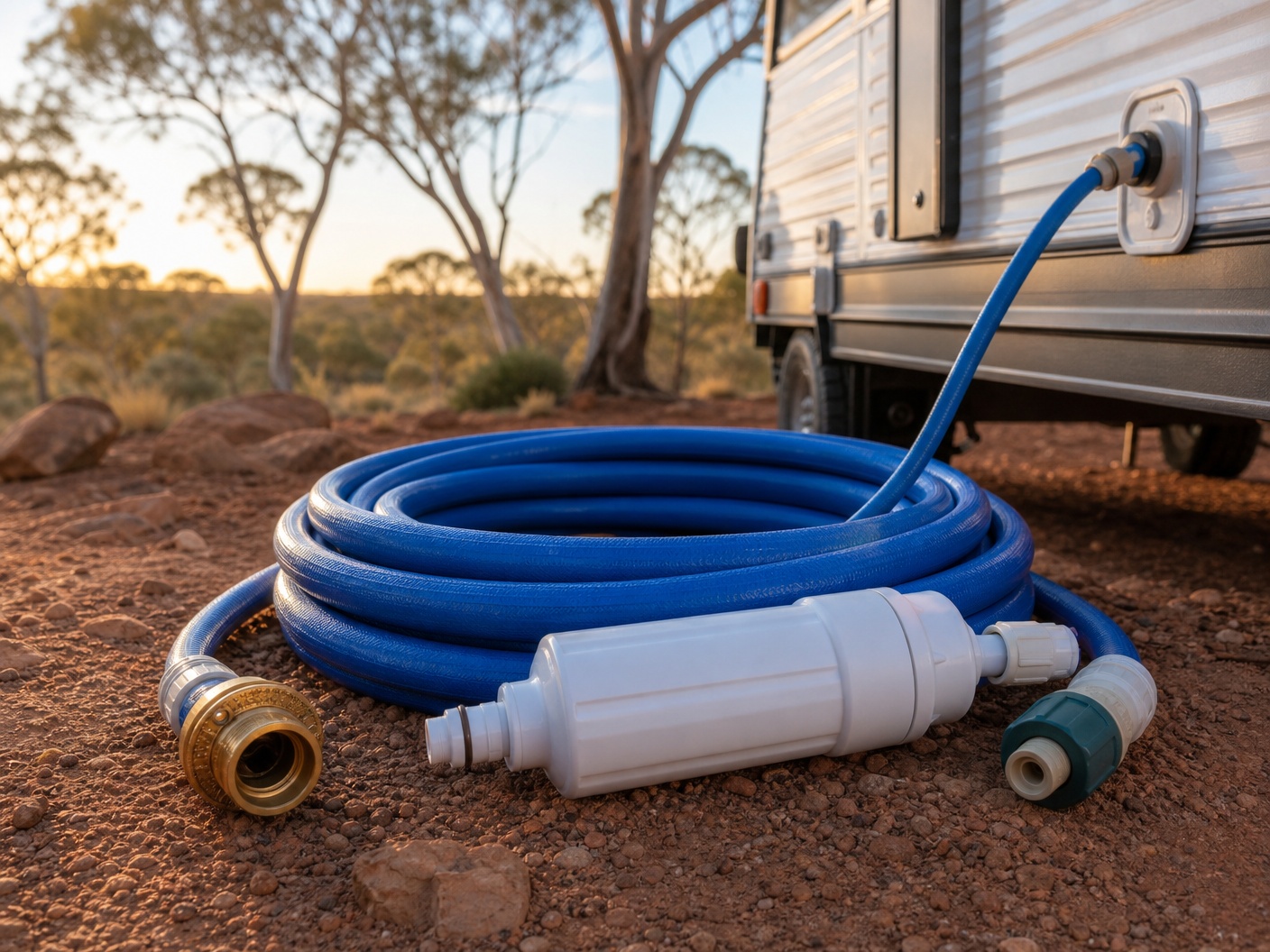 Brand-free caravan drinking water hose coil with inline filter fittings and caravan water inlet at bush campsite