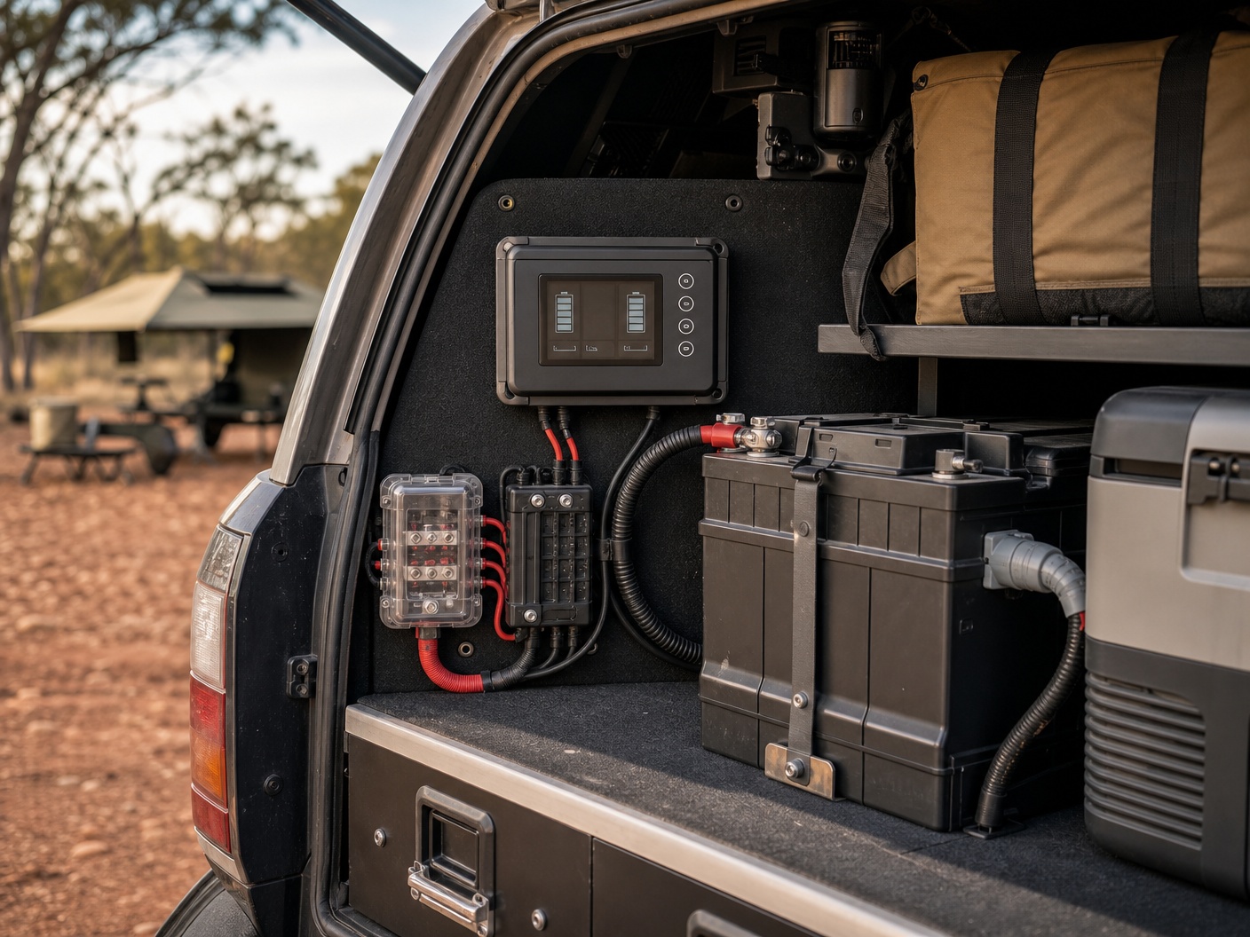 Dual battery monitor display and auxiliary battery setup in a 4x4 touring vehicle canopy