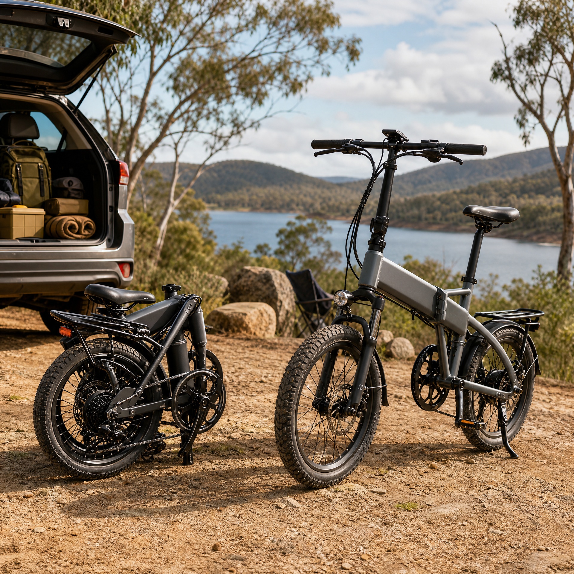 Foldable e-bikes at a remote touring campsite beside a 4WD,showing compact travel bikes for road trips