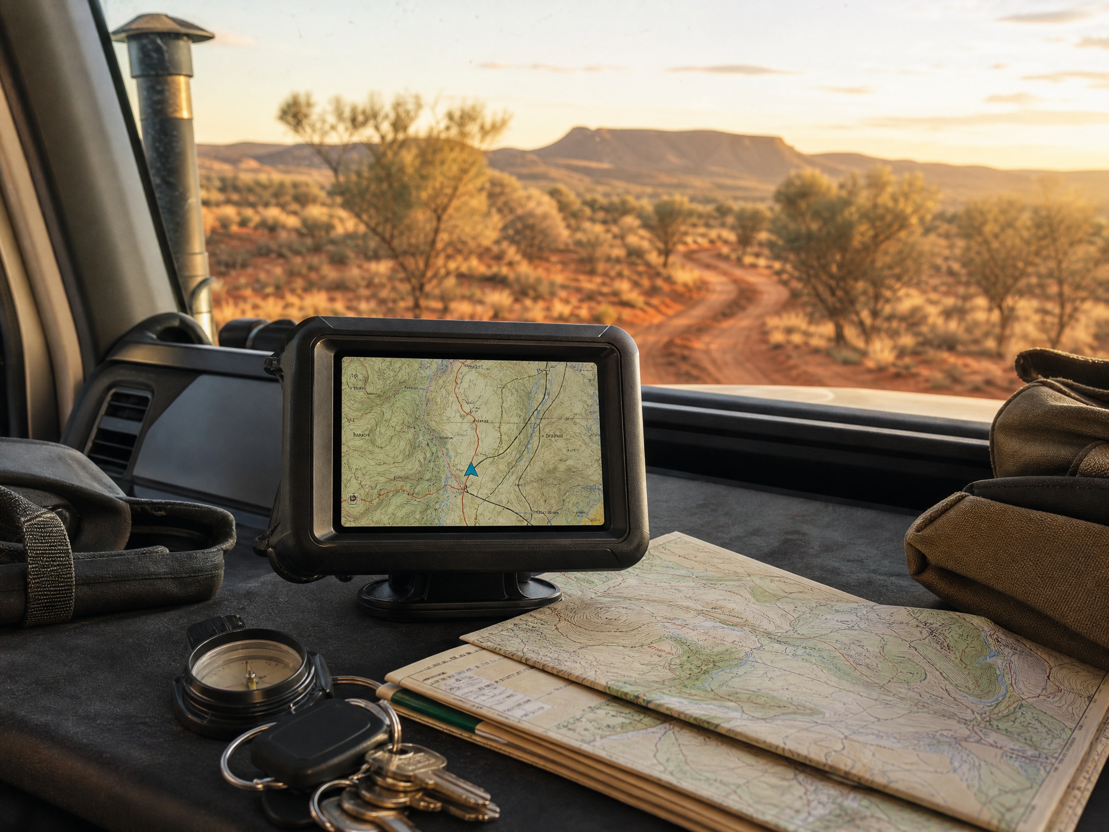 Rugged GPS navigator with maps inside a 4x4 overlooking a remote track