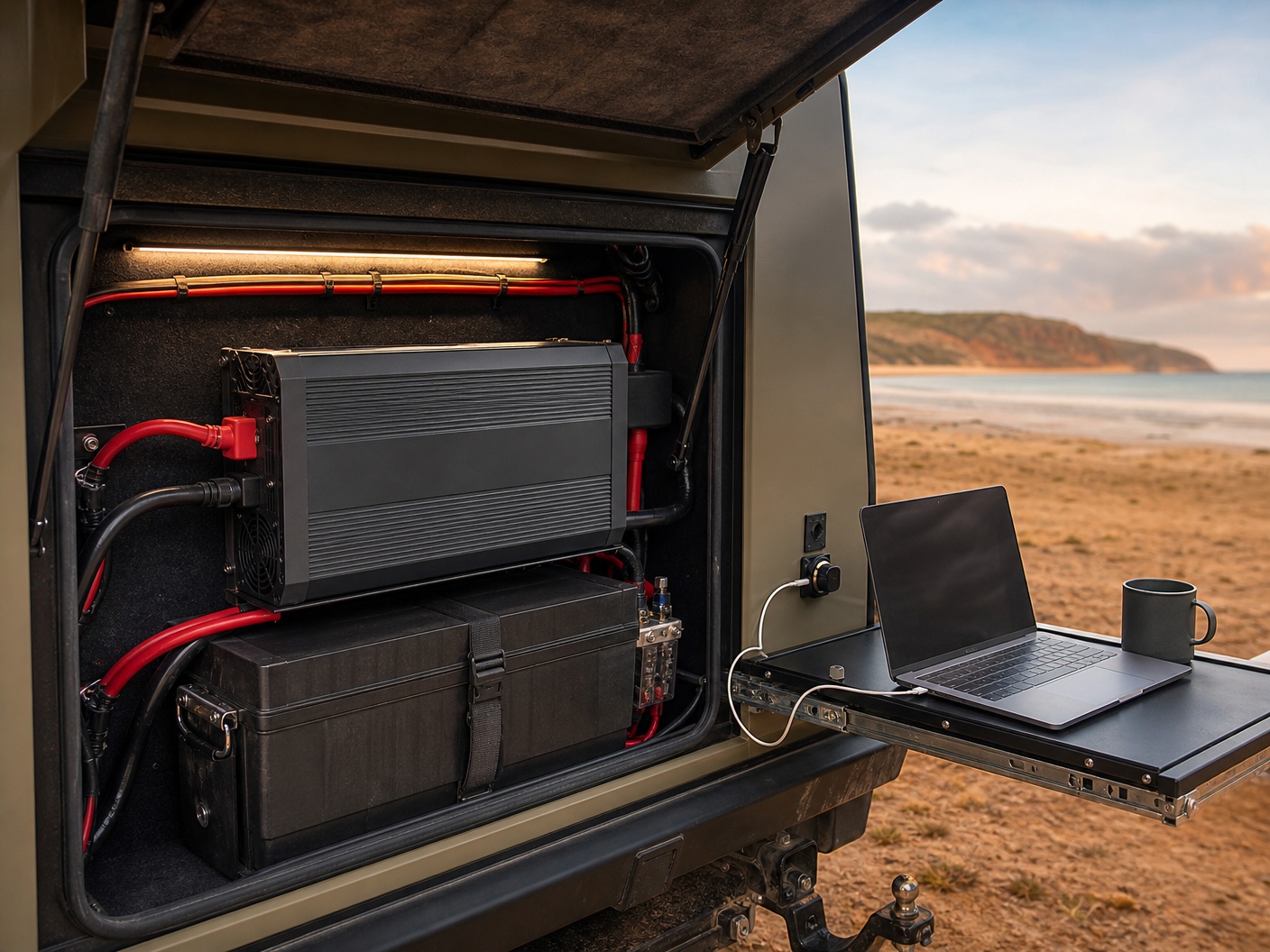 Brand-free pure sine wave inverter installed in a caravan and 4x4 touring power compartment