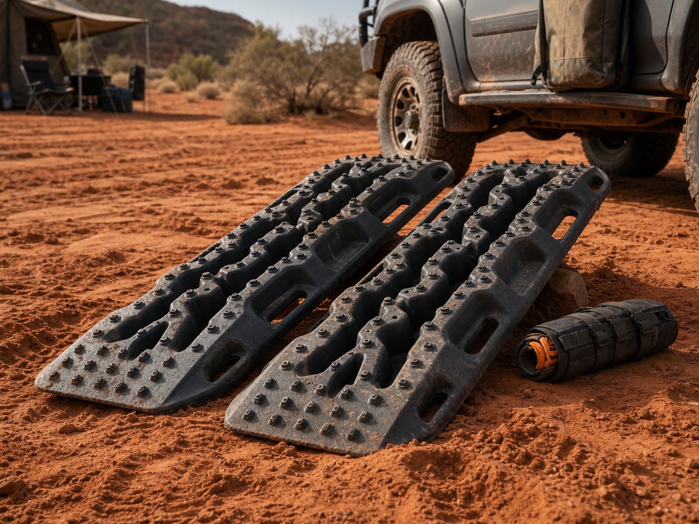 Unbranded recovery boards on red dirt beside a touring 4WD wheel