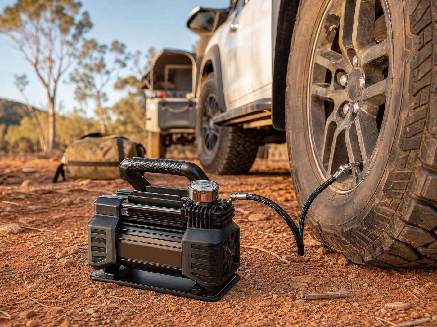 Portable 12V air compressor inflating a 4WD tyre at a campsite