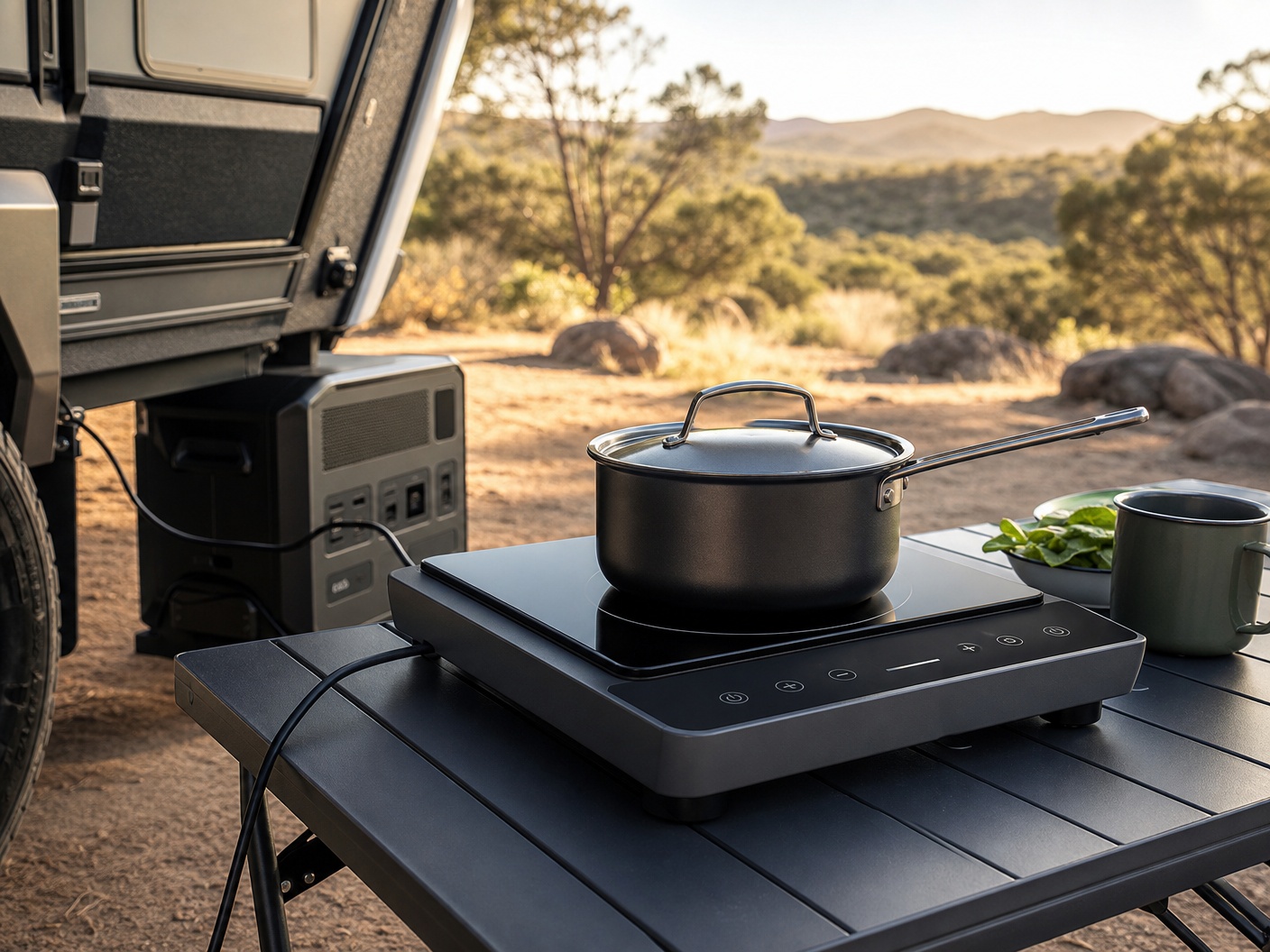 Portable induction cooktop on a 4x4 touring camp kitchen for caravan cooking