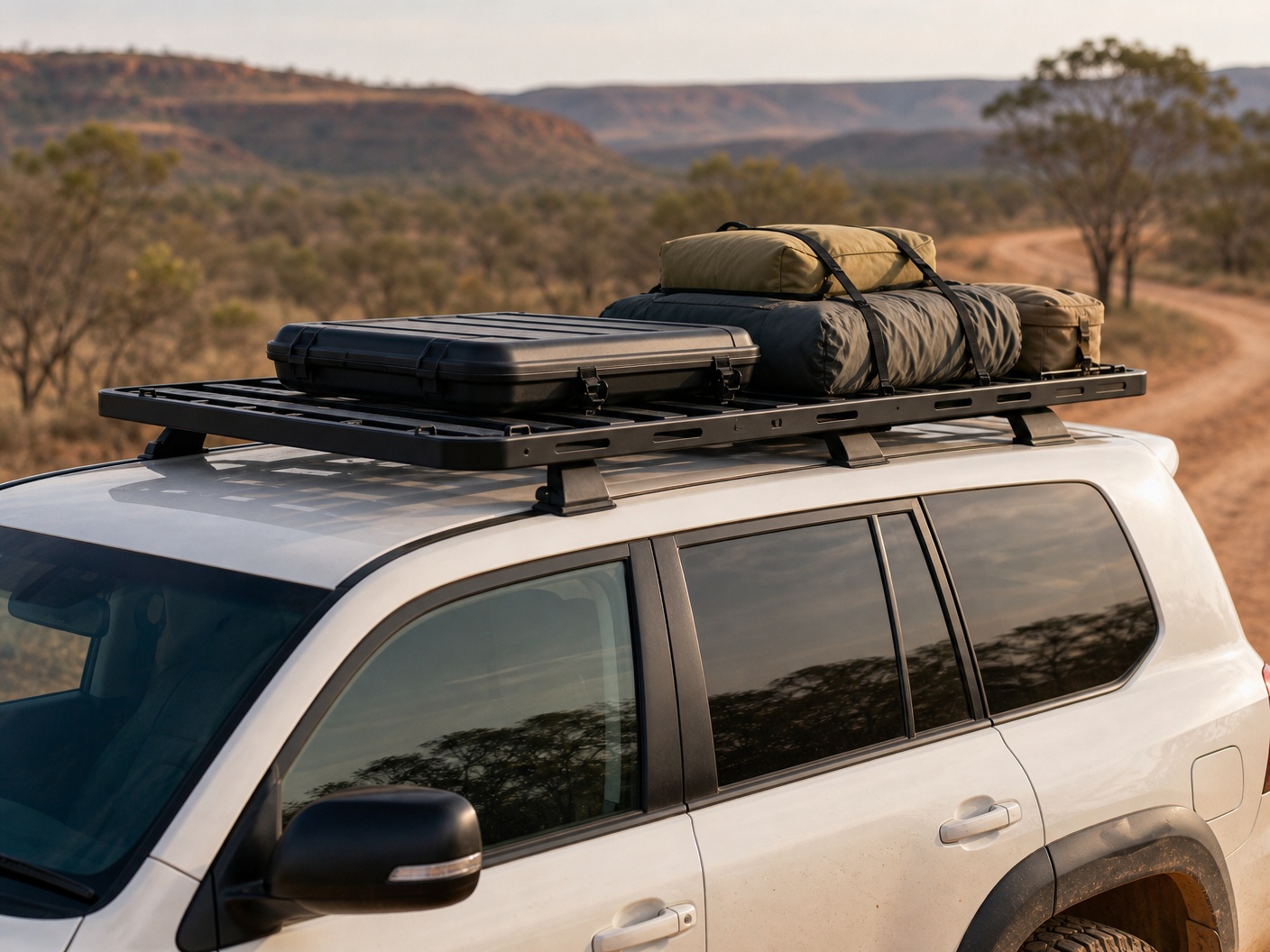 Brand-free low profile roof rack platform mounted on a 4x4 touring vehicle in country