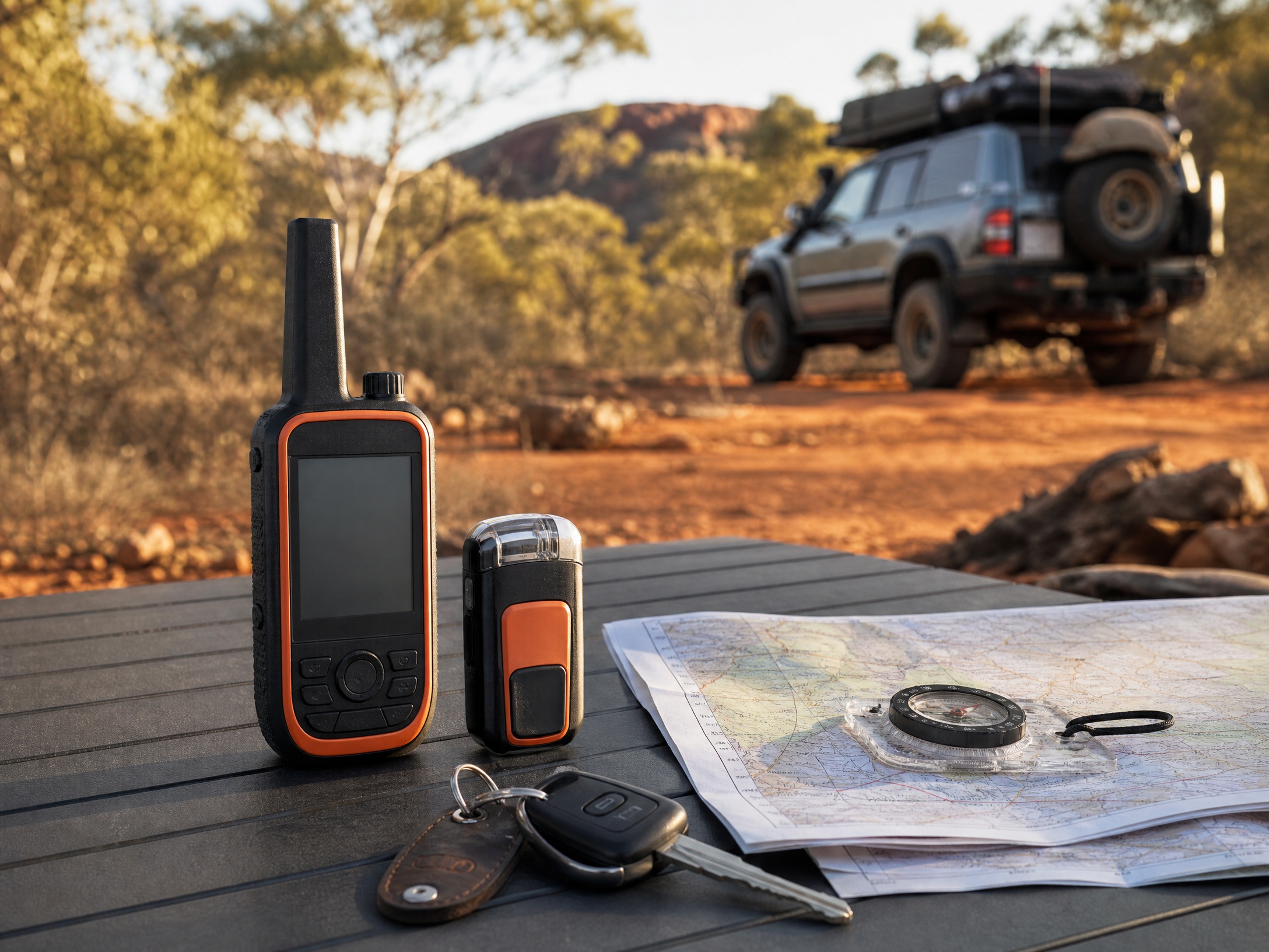 Satellite communicator and personal locator beacon on a touring map beside a remote 4x4 track