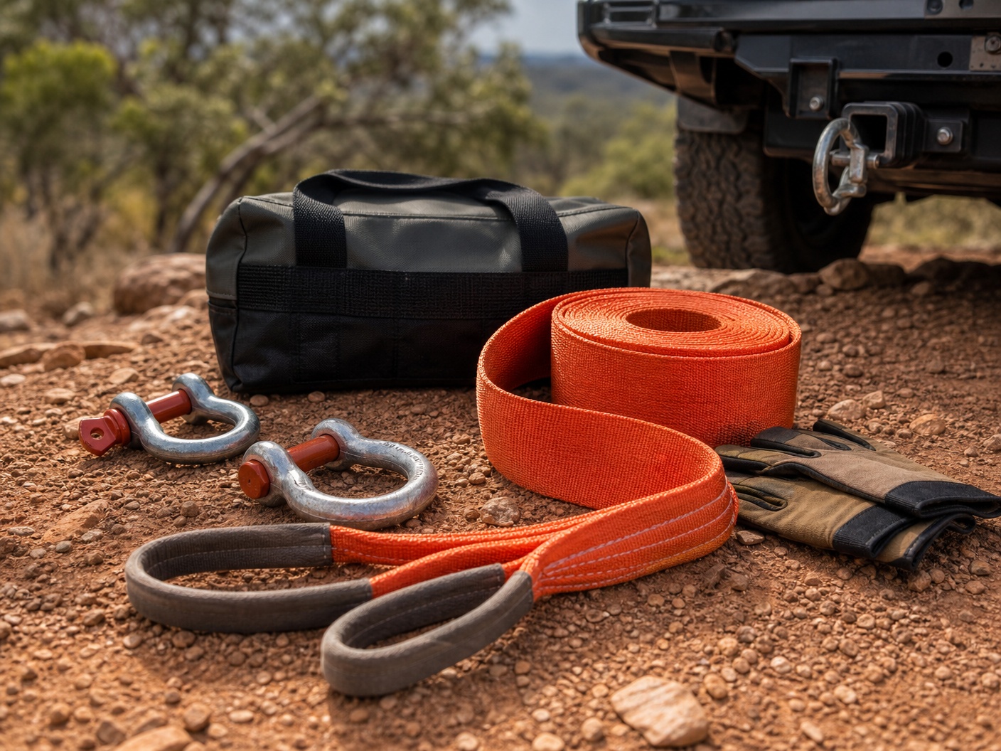 Snatch strap recovery kit with shackles and gloves beside a 4WD on red dirt