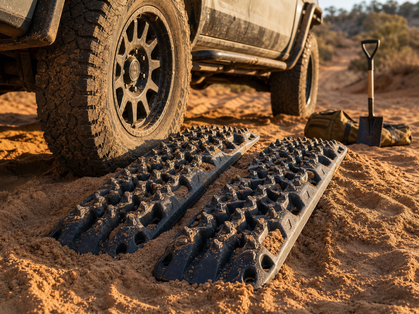 Two traction boards in sand beside a 4x4 tyre during a recovery setup