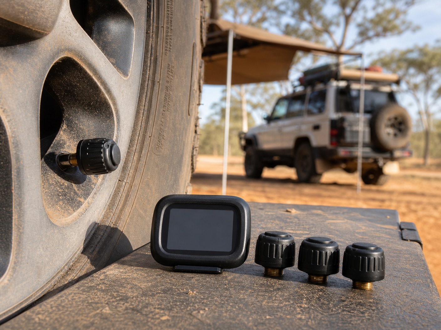 Brand-free tyre pressure monitoring sensor installed on a dusty 4x4 tyre valve with display unit and spare sensors at campsite