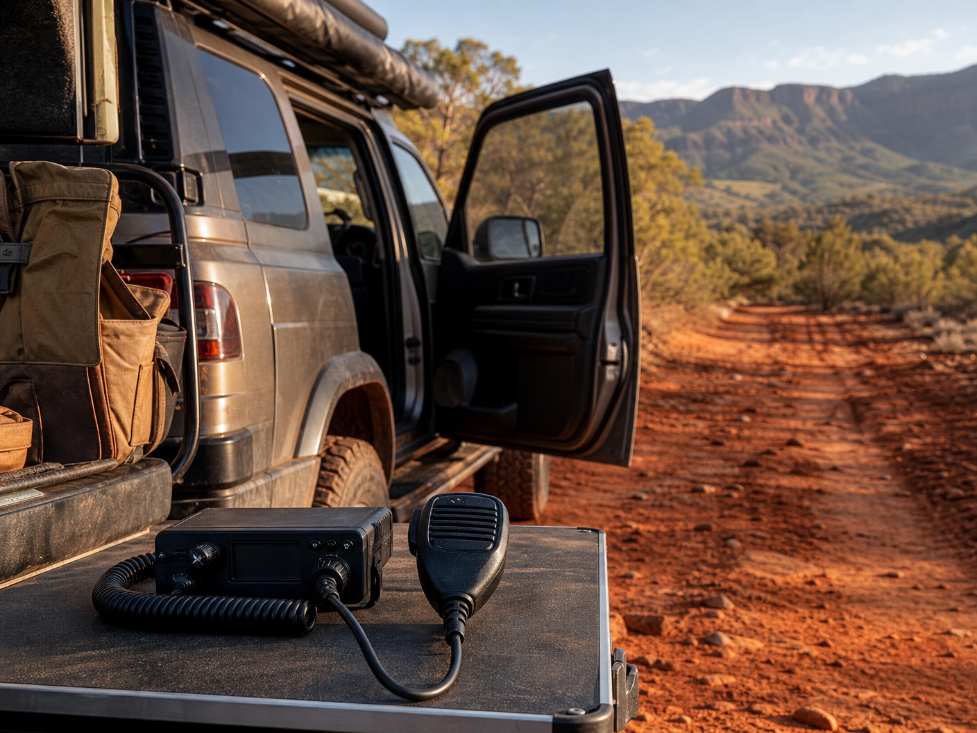 UHF radio and microphone on a 4x4 touring setup beside a track