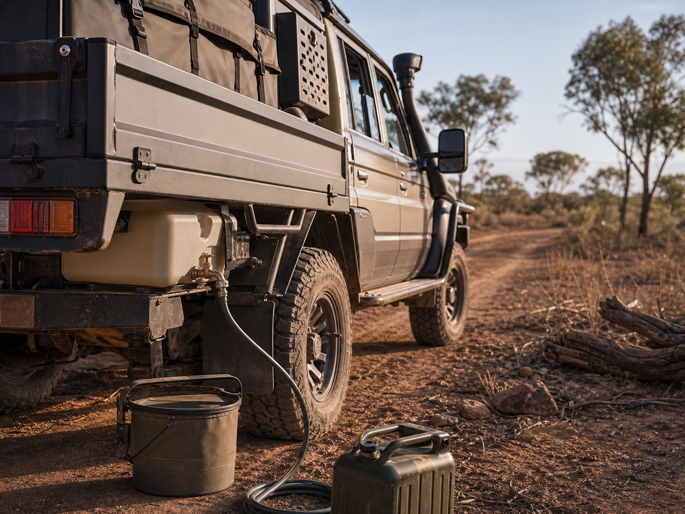 Vehicle-mounted water tank with tap and hose on a 4x4 touring setup in bushland