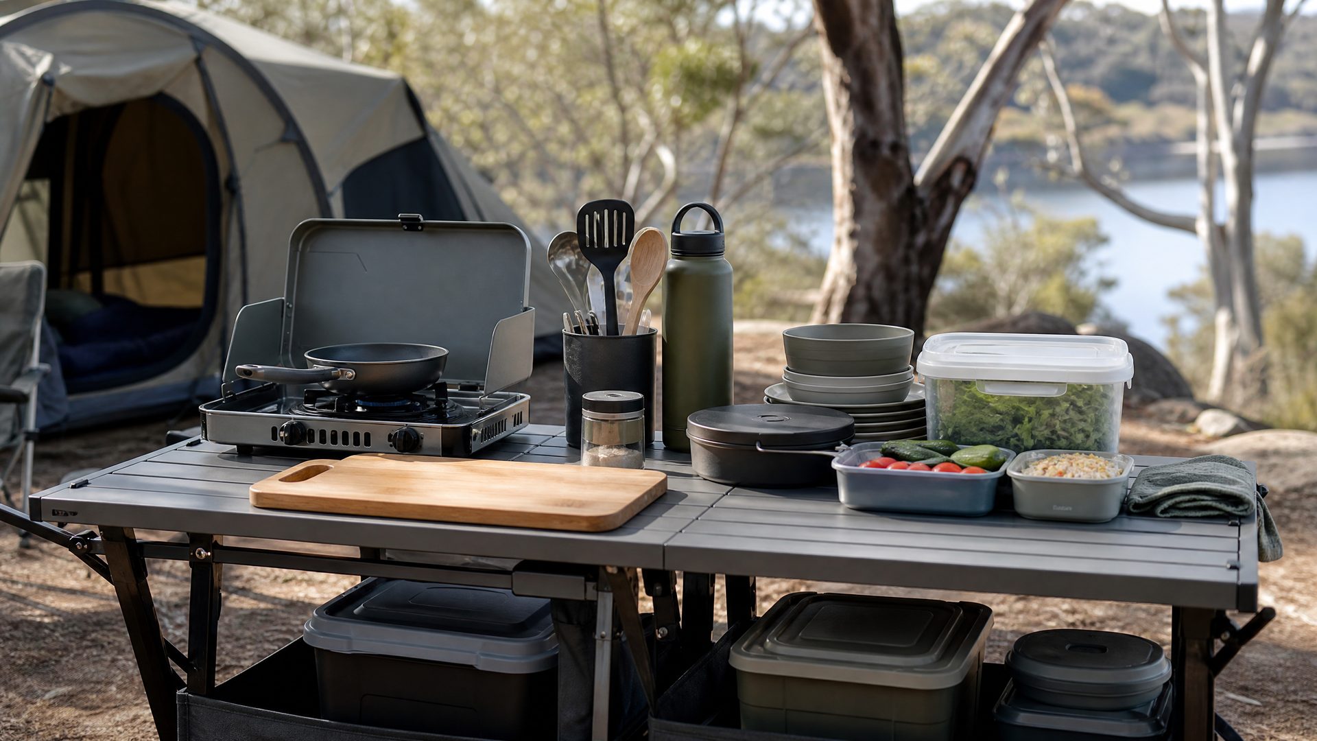 Organized camp kitchen table with outdoor cooking gear