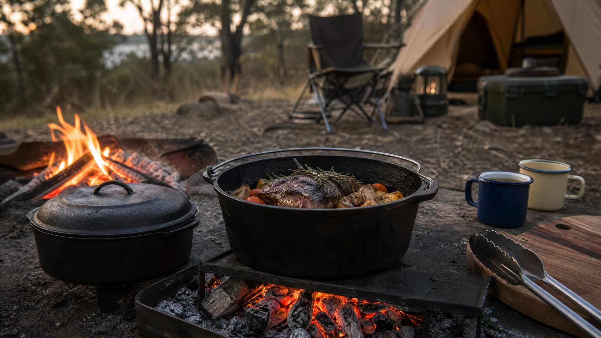 Camp ovens and Dutch ovens for outdoor cooking at a campsite