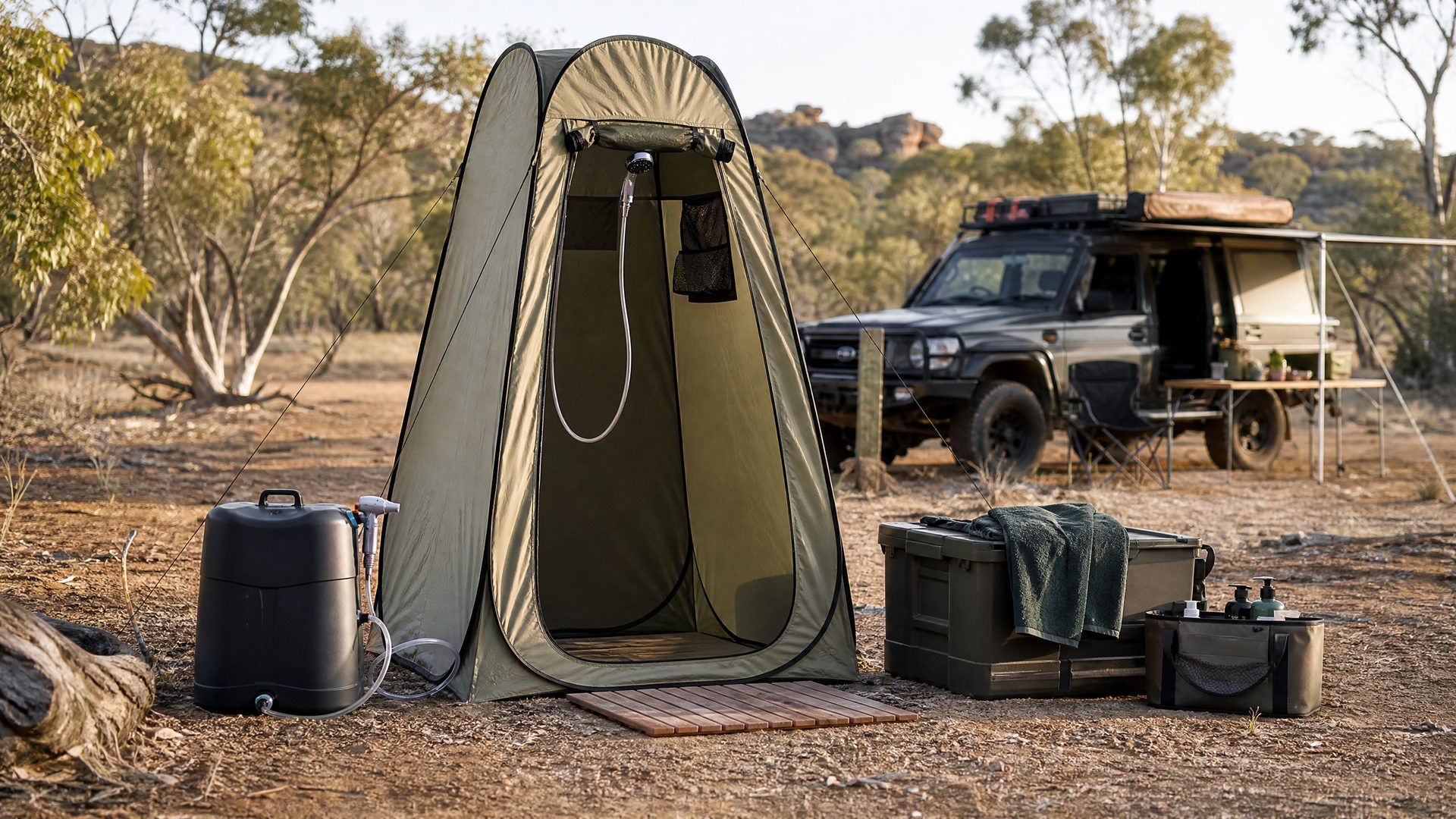 Camp shower system with privacy tent at an off-grid campsite