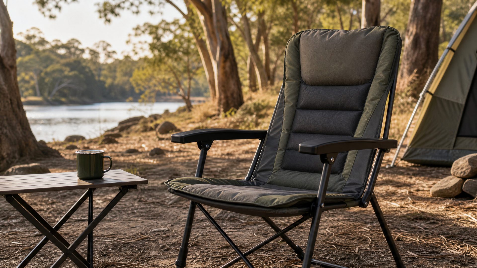 Supportive high-back camping chair at a campsite for bad-back comfort