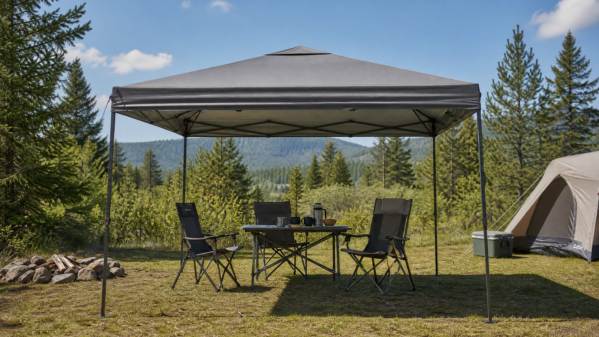 Camping gazebo canopy pop up shelter at campsite