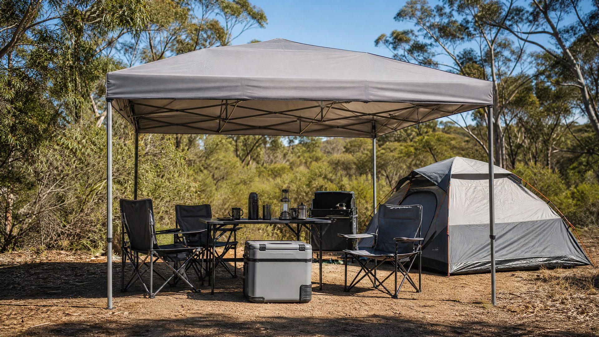 Camping gazebo and pop-up canopy providing shade at a campsite