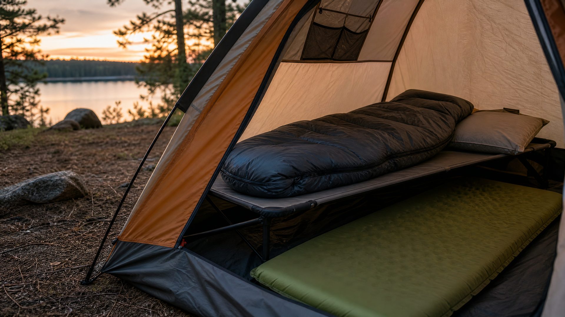 Camping sleeping bag mat pillow and cot in tent