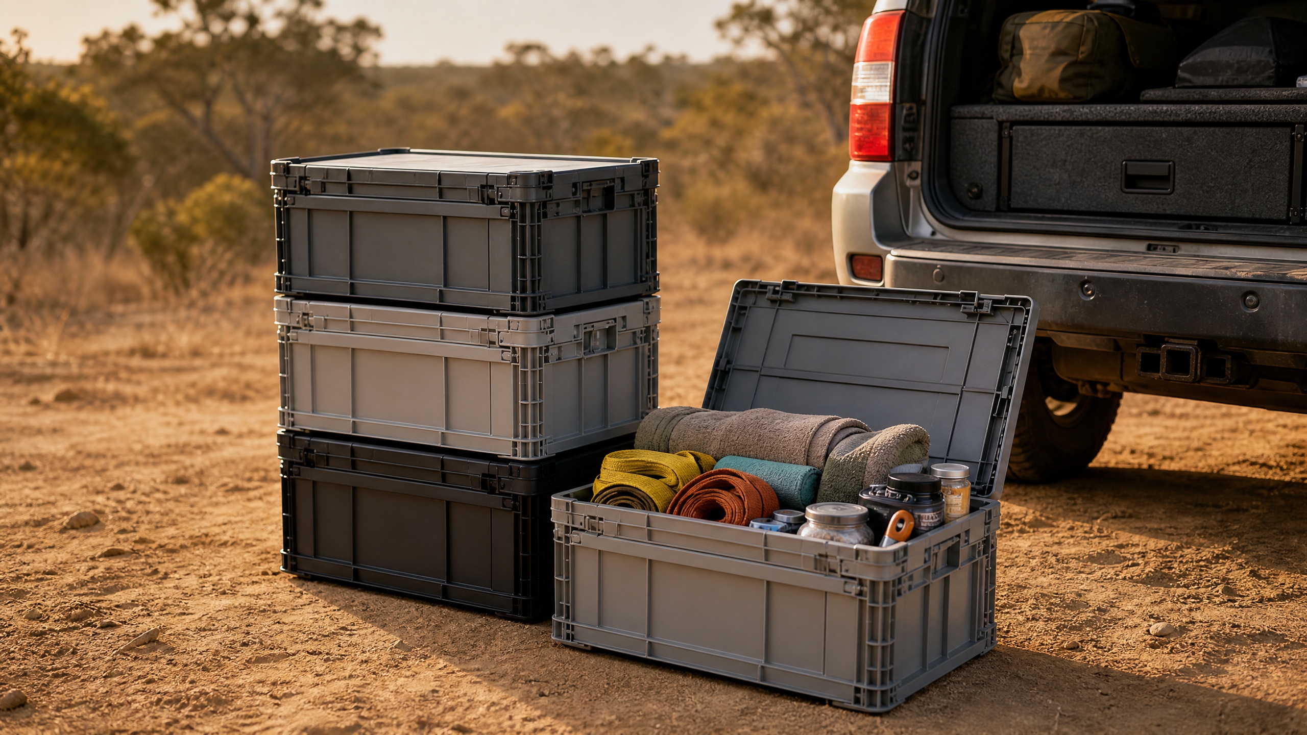 Collapsible storage crates packed with touring gear beside a 4x4 vehicle