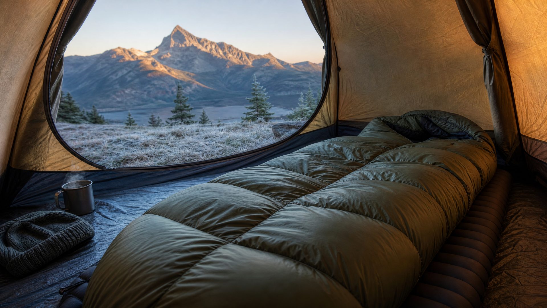 Warm down sleeping bag inside a tent on a cold morning campsite