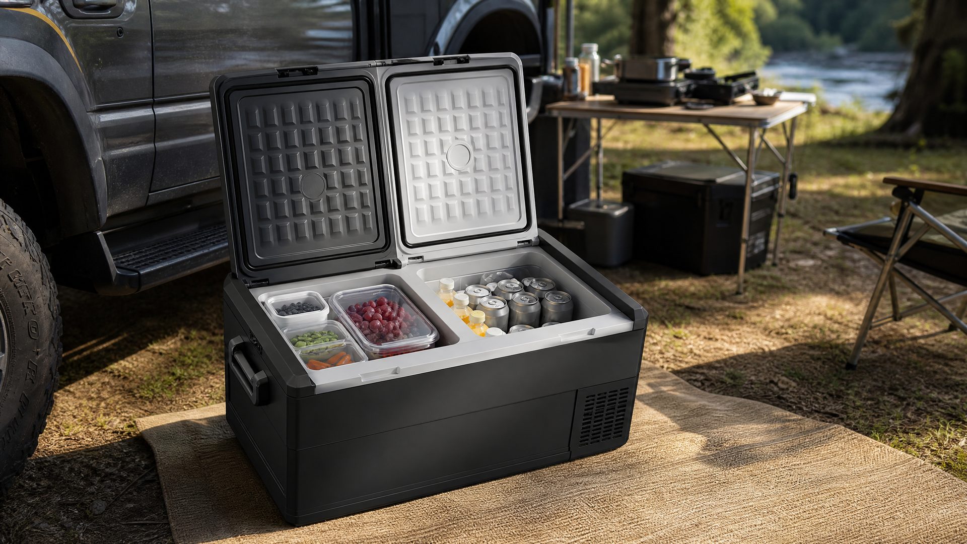 Open dual-zone camping fridge with organized food at an outdoor campsite