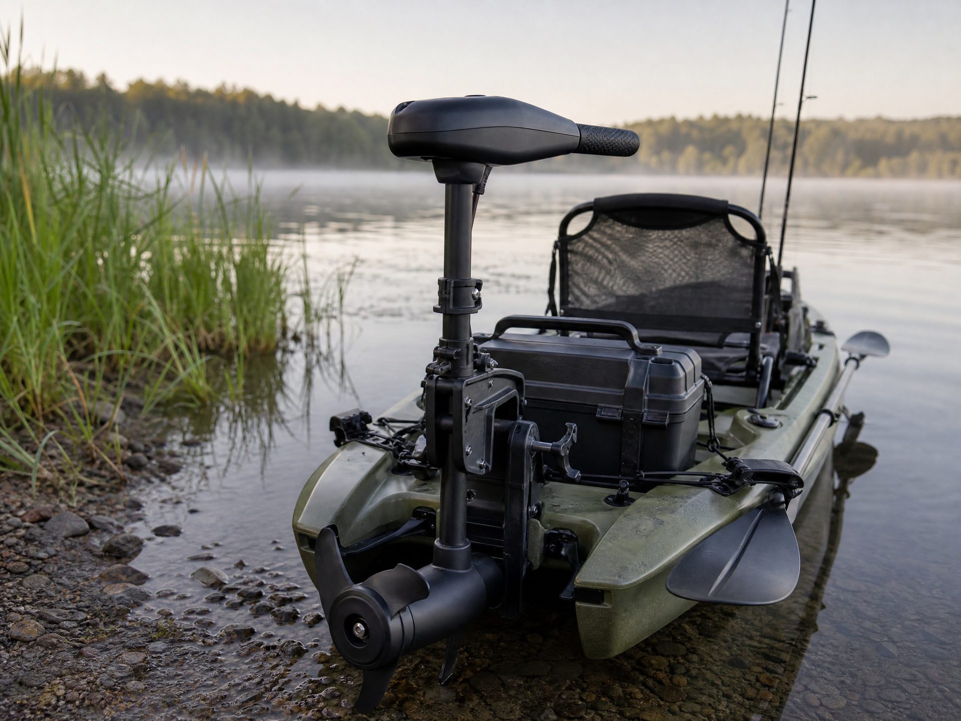 Electric trolling motor mounted on a fishing kayak at a calm lakeside launch