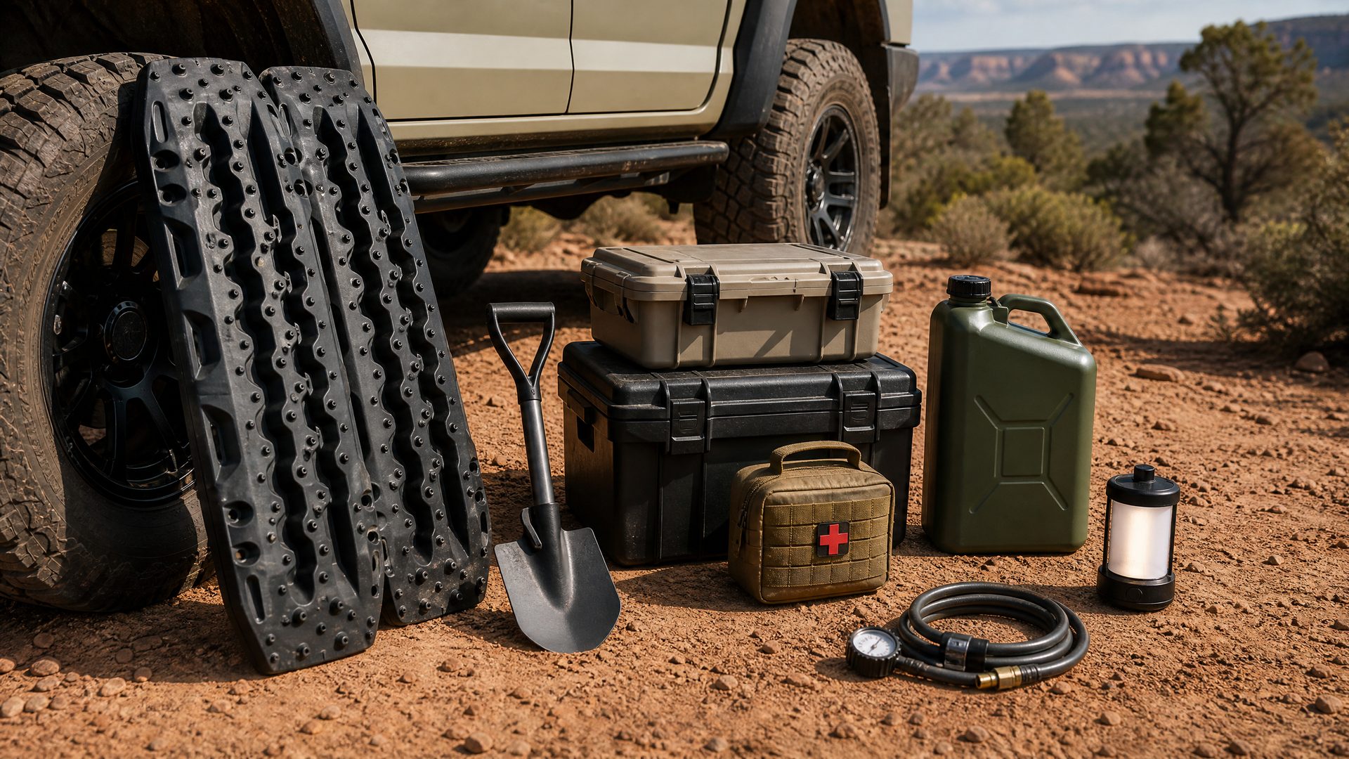 Essential overlanding gear organized beside 4WD campsite