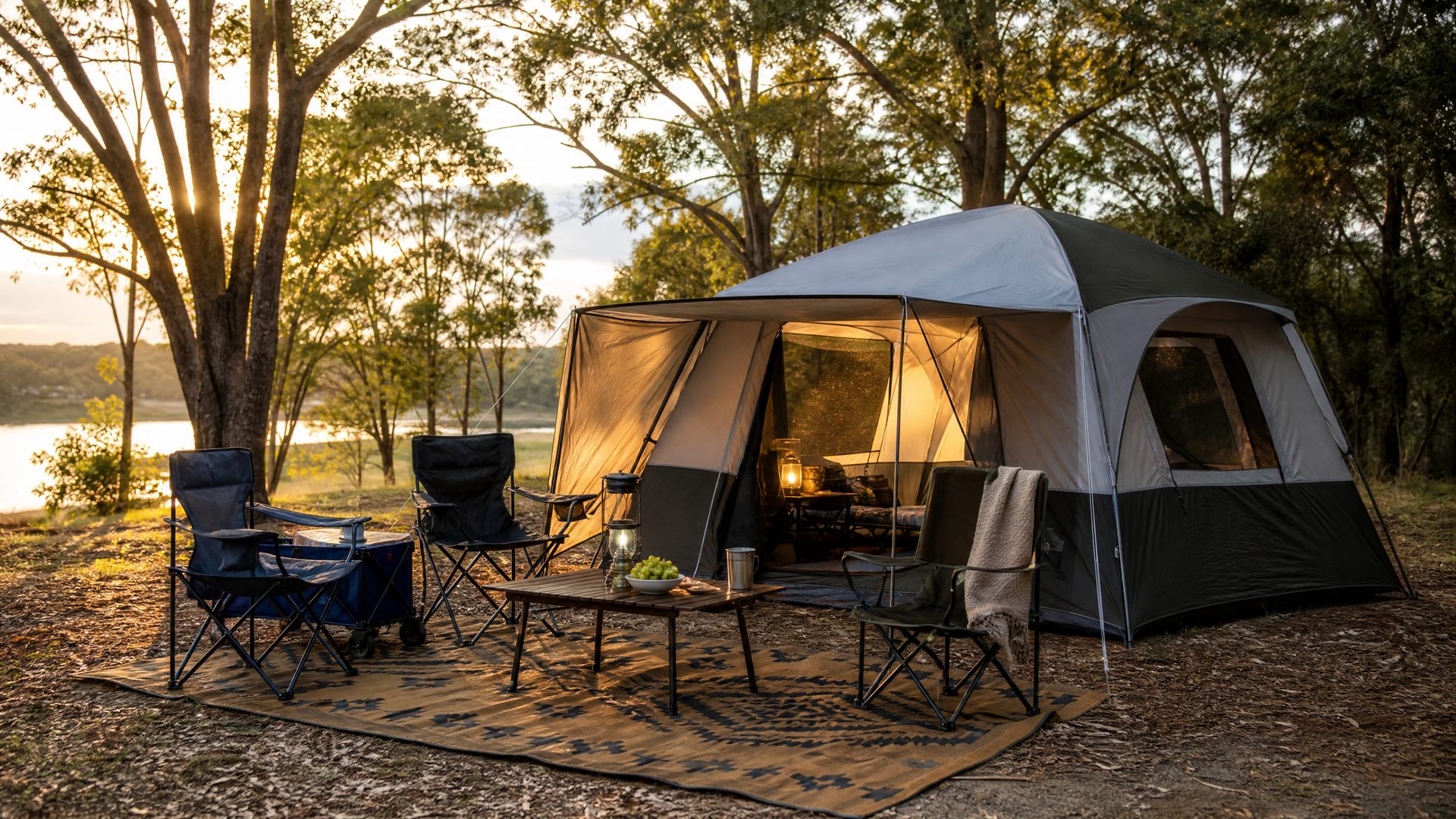 Spacious family camping tent set up at a leafy campsite