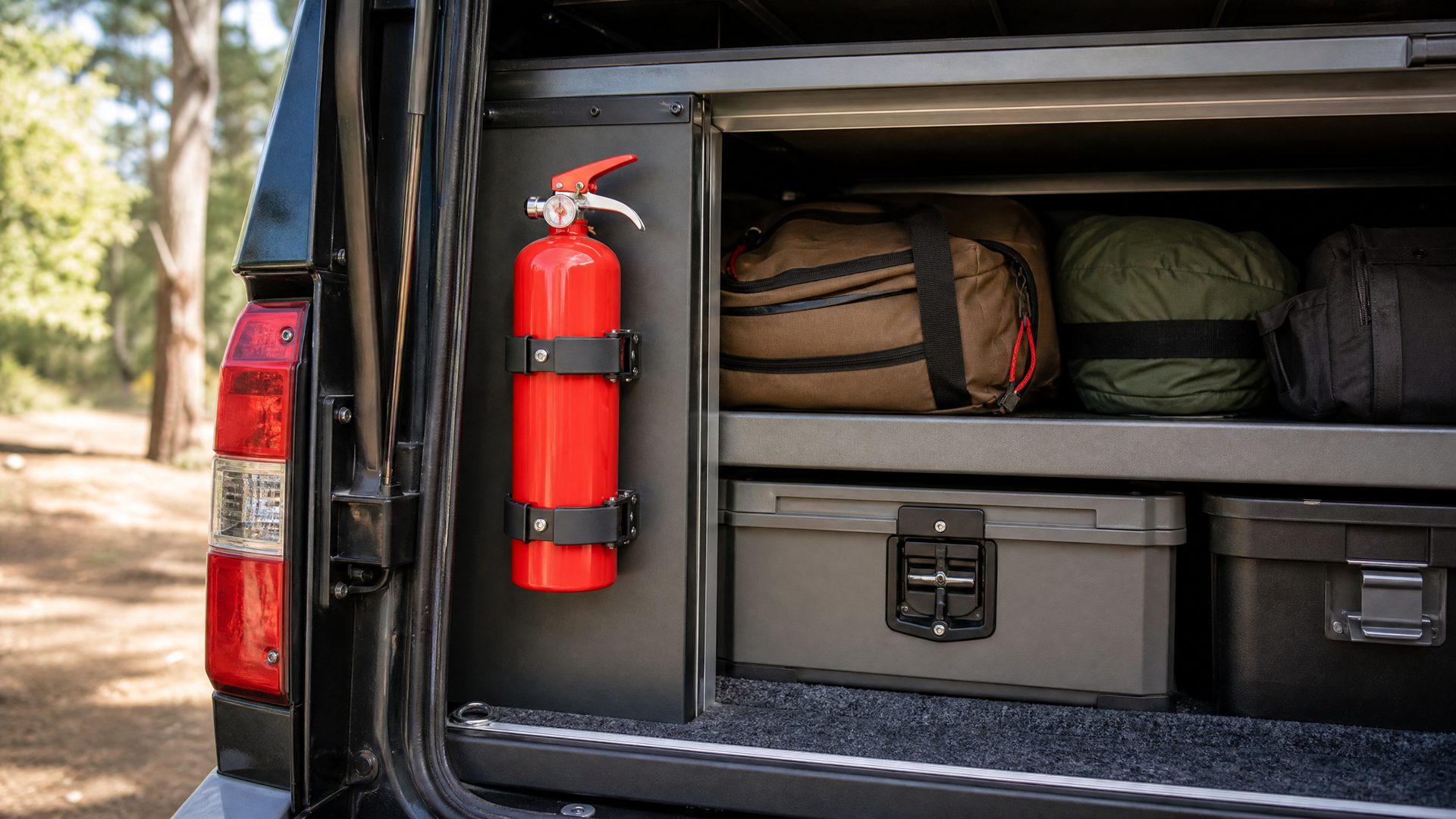 Fire extinguisher mounted in caravan or 4WD camping storage