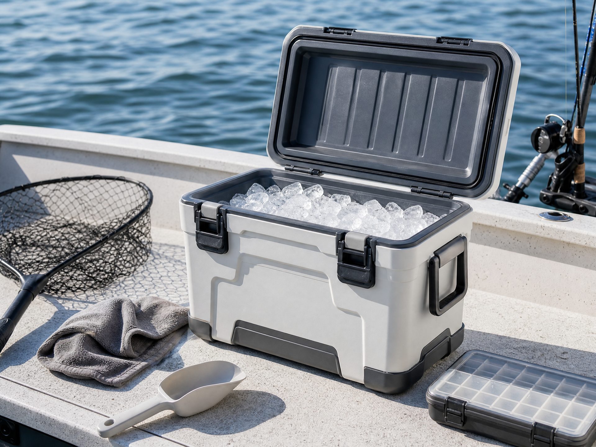 Fishing cooler and ice box filled with clean ice on a boat deck