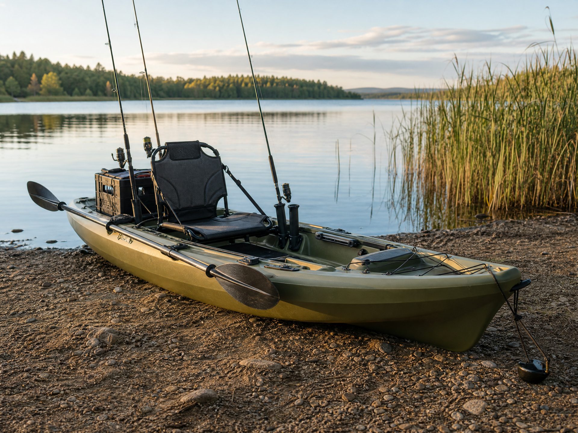 Sit-on-top fishing kayak with rod holders pulled onto a quiet lakeshore