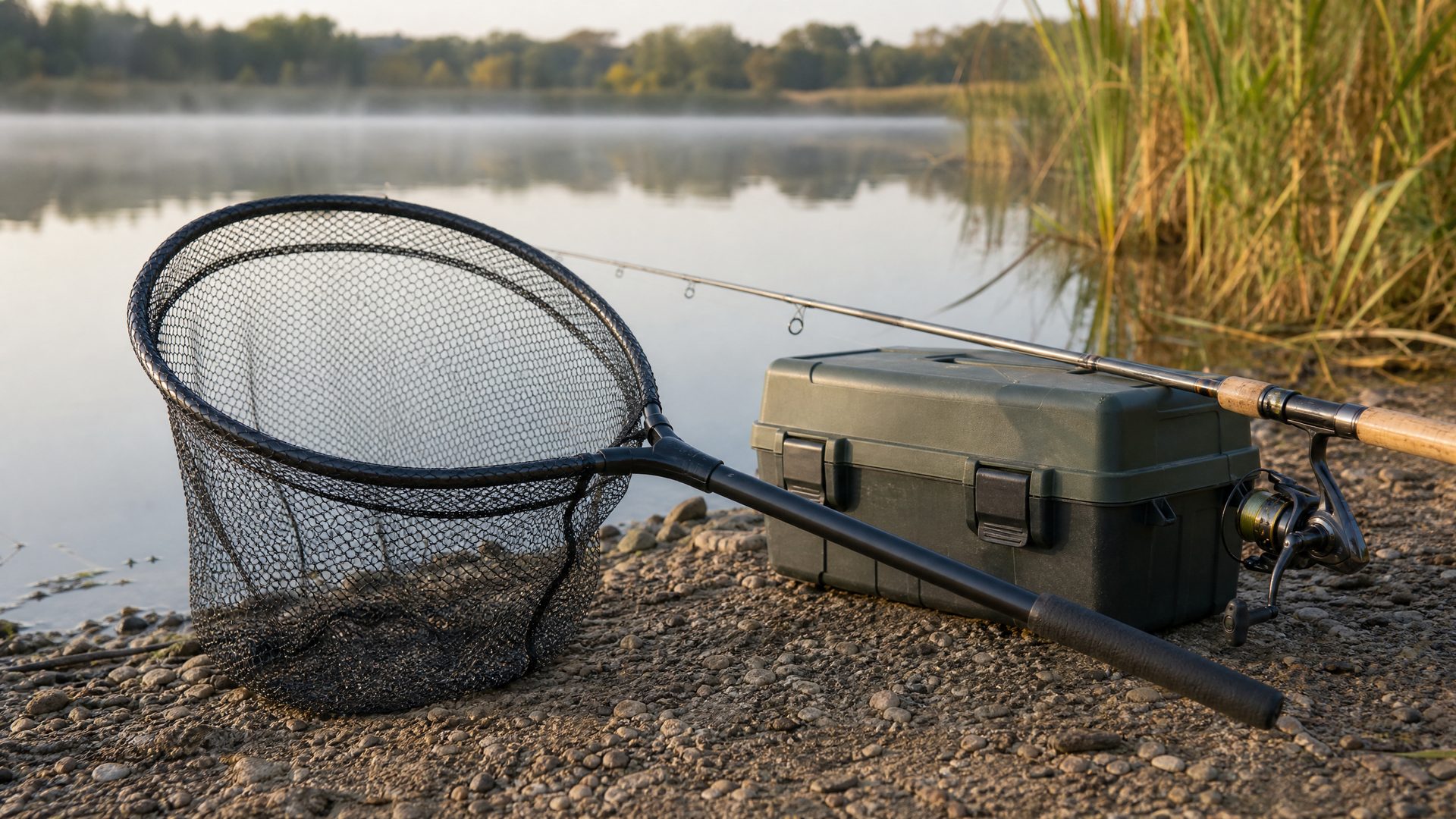 Fishing landing net with rod and tackle box beside calm lake