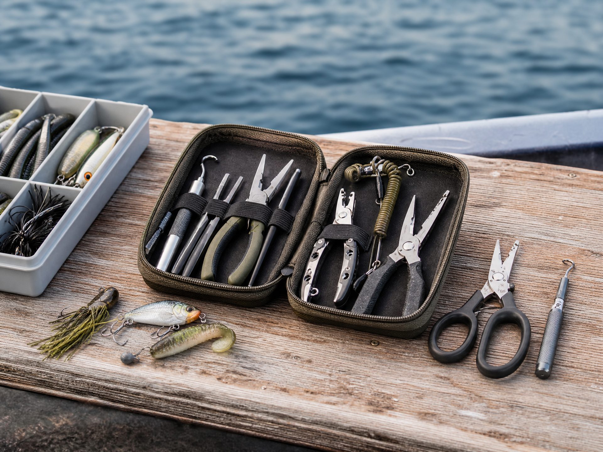Fishing pliers and compact fishing tool kit on a boat deck beside tackle